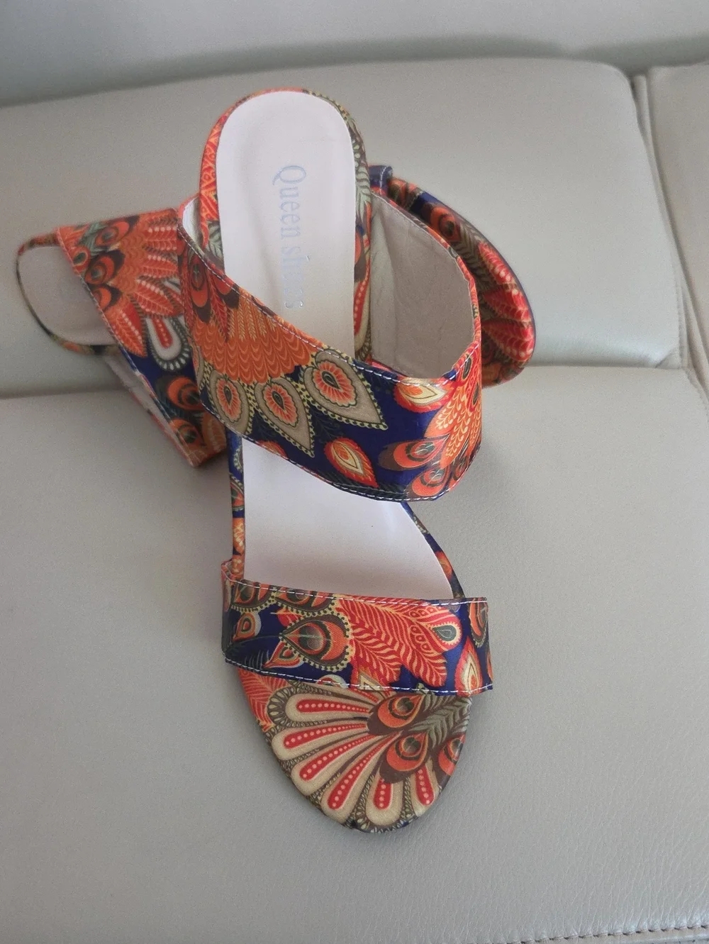 Women's Paisley Print High Heel Slide Sandals - Orange/ Blue/ Green Size EU 40
